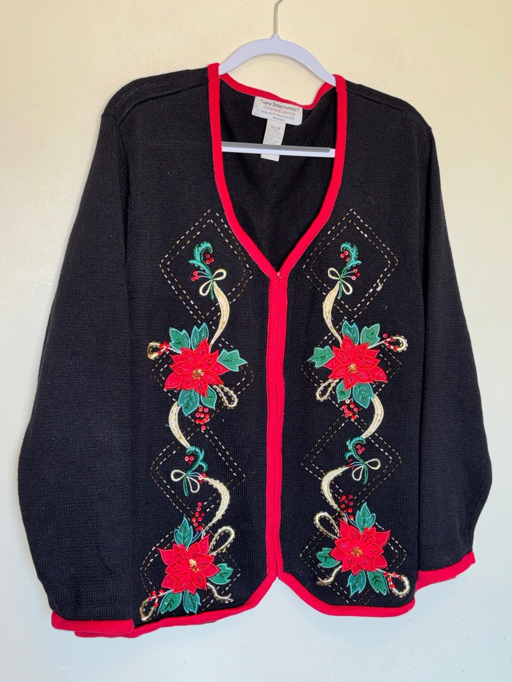 Vtg 90s Y2K Tiara International Christmas Sweater 26/28 Festive Poinsettia Zip